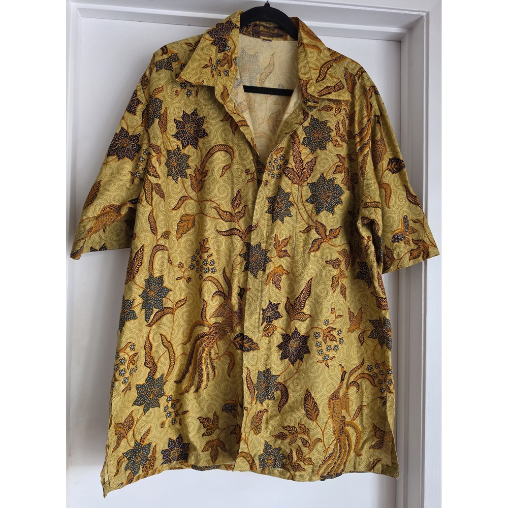 Danar Hadi Mens Dress Shirt L Floral Yellow Short Sleeve Indonesia Batik